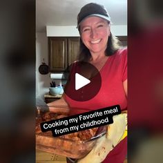 a woman in a red shirt is holding a tray of food with the words cooking my favorite meal from my childhood