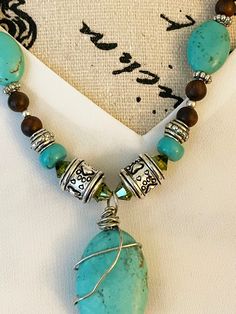 Earthy Turquoise Jewelry With Wooden Beads, Artisan Turquoise Necklace With Wooden Beads, Southwest Jewelry, Southwestern Jewelry, Turquoise Howlite, Wood Pendant, Over Sized, Olive Wood, Etsy Jewelry