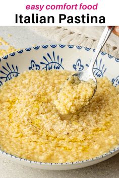 someone is spooning some food into a bowl with the words easy comfort food italian pasta