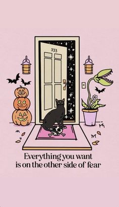 a black cat sitting on top of a rug next to a door with pumpkins