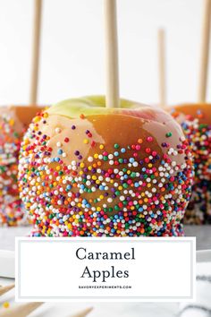 caramel apples with sprinkles on them and the title overlay reads caramel apples