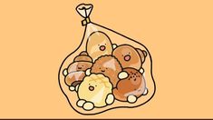 a bag filled with lots of different types of food on top of a yellow background