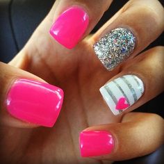 Short Acrylic Nails Valentines Day Pink, Square Nails Spring Colors, Hot Pink Nails With Heart, Simple March Nails, Valentine Dip Nails, Hot Pink Valentine Nails, Fun Pink Nails, Hot Pink Nail Ideas, Hot Pink Summer Nails