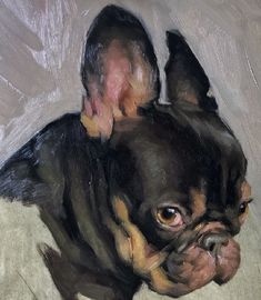 an oil painting of a dog laying down