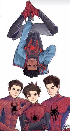 spider - man and his friends are hanging upside down on each other's head