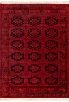 a red and black rug with an intricate design on the center, surrounded by smaller squares