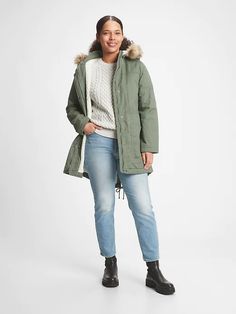 Sherpa-Lined Parka | Gap Factory White Shirt And Blue Jeans, Teal Nikes, Long Puffer Coat, Long Puffer, Our Place, Sneakers Athletic, Twill Weave, Work Outfits Women, Sherpa Lined