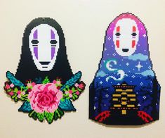 two pieces of pixelated art depicting women with flowers on their heads and one is wearing a kimono