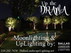 an advertisement for up the drama lighting and uplighting by dales landscape lighting