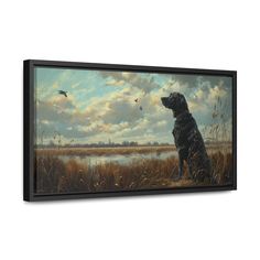 a painting of a dog sitting in front of a lake with birds flying over it