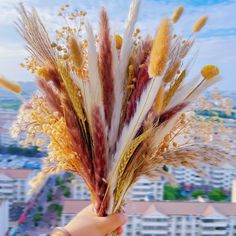 a hand holding some dried flowers in front of a cityscape with buildings behind it