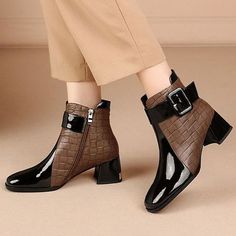 Category:Boots; Upper Materials:Patent Leather; Embellishment:Buckle; Season:Winter,Fall; Heel Type:Block Heel; Gender:Women's; Toe Shape:Square Toe; Type:Booties Ankle Boots; Style:Elegant; Heel Height(inch):>5; Outsole Materials:Rubber; Occasion:Daily; Closure Type:Zipper; Pattern:Braided,Solid Colored; Listing Date:09/05/2022; Production mode:External procurement; 2023 Trends:Combat Boots; Foot Length:; Foot Width:; SizeChart1_ID:2:179956; Size chart date source:Provided by Supplier.; US Size Brown Low Heel Boots For Office, Chic Brown Ankle-high Martin Boots, Brown Low Heel Office Boots, Elegant Brown Ankle-high Martin Boots, Brown Faux Leather Boots With Low Heel, Brown Faux Leather Low Heel Boots, Chic Brown Ankle Strap Boots, Brown Ankle Strap Heels For Fall, Elegant Brown Winter Booties