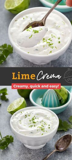 two bowls filled with creamy cream and topped with cilantro garnished with lime