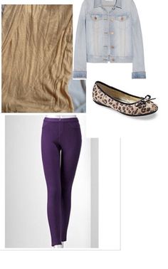 Gold tank, denim jacket, leopard print flats, purple leggings