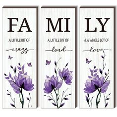 three bookmarks with purple flowers and butterflies on them, one has the word famly written in black