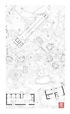 an architectural drawing shows the ground plan for a house with multiple floors and two stories