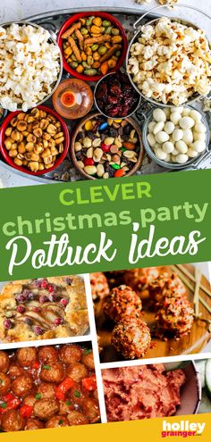 the cover of clever christmas party potluck ideas, with pictures of different foods