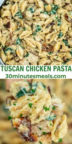 two pictures of pasta with chicken and spinach in it, one is being lifted from the