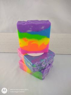 This soap has a bright citrus scent that perfectly matches the bright neon colors in the design. As shown in the picture, every bar is quite unique as there are no two with the same design. As you use this bar, the pattern will change for a fun experience every time you use it. The scent is also as sure-fire mood lifter.  This vegan bar features luxurious mango butter that is sure to leave your skin feeling beautiful! Ingredients: Olive oil, mango butter, coconut oil, water, sodium hydroxide, avocado oil, phthalate-free fragrance, neon pigment Summer Soap, Citrus Soap, Swirl Soap, Vegan Bar, Don't Worry Be Happy, Making Soap, Oil Water, Citrus Scent, Mango Butter