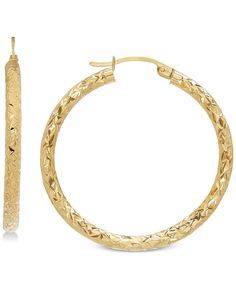 Add timeless style to your look with these polished diamond-cut hoop earrings, ideal for any occasion. Macy's Formal Hoop Jewelry, Macy's Hoop Jewelry For Formal Occasions, Macy's Yellow Gold Hoop Jewelry, Macy's Gold Hoop Earrings, Macy's Gold Hoop Jewelry, Yellow Gold Hoop Earrings With Diamond Cut, Yellow Gold Hoop Jewelry With Diamond Cut, Gold-tone Polished Round Hoop Earrings, Gold-tone Round Hoop Earrings With Polished Finish