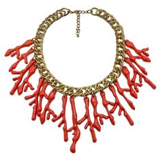 A Vintage Coral Bib Necklace with the most fabulous proportions and style. In the style of the now iconic Robert Goossens for Yves Saint Laurent coral collar which went on to inspire decades of coral jewel design. Crafted in gold plated base metal with enamelled coral branches hanging from the roller link chain. 42cm long plus a 6cm extender. In overall very good vintage condition with light wear to the gold plating. The branch enamel carries a wonderful deep sheen to it and remains in outstandi Jennifer Gibson, Jewel Design, Statement Bib Necklace, Medallion Necklace, Vintage Jewels, Bib Necklace, Timeless Treasures, 1980s Vintage, Vintage Jewellery