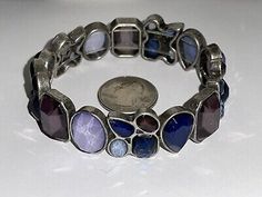 Vintage Silvertone Blue & Purple Assorted Shapes Rhinestone Stretch BRACELET 8” | eBay Metal Bracelets, Bracelets And Charms, Mixed Metals, Stretch Bracelet, Base Metal, Stretch Bracelets, Blue Purple, Stone Color, Blue And Purple