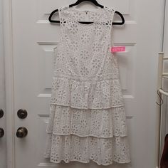 Lilly Pulitzer Judelyn Eyelet Ruffle Dress Resort White Funflower Eyelet $258 Nwt White Fitted Tiered Dress For Garden Party, White Floral Print Tiered Dress, White Feminine Tiered Dress For Garden Party, Elegant White Tiered Spring Dress, Elegant White Tiered Dress For Spring, White Spring Tiered Dress For Daywear, White Tiered Dress For Spring Daywear, Lilly Pulitzer Dress, Ruffle Dress