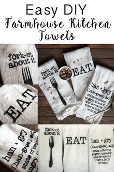 easy diy farmhouse kitchen towels with instructions to make them look like they are on the table