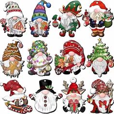 twelve christmas gnomes with hats and scarves on their heads, all in different colors