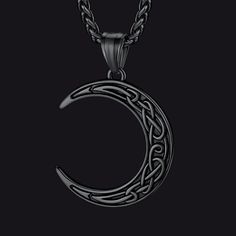 Elegant Celtic necklace for men/women, featuring a crescent moon pendant, the symbol of the ever changing yet recurring cycle of life, with decorative Celtic knotwork. Crescent moon necklace design for broken souls, good Accessories for men/women. This Celtic Moon Necklace is made of 316L stainless steel, hypoallergenic.  SPU: TP12903 Collection: Viking MateriaL: Stainless Steel Weight: 5.9g Chain Length: 55+5cm(22+2 inches) Pendant Size: 45mm*33mm Clean it with a soft dry cloth.  Keep away fro Symbolic Black Crescent Jewelry, Black Symbolic Moon Phase Necklace, Symbolic Black Necklace With Moon Charm, Black Symbolic Jewelry With Moon Charm, Moon Necklace Men, Celtic Moon, Spike Hoop Earrings, Celtic Necklace, Mens Earrings Hoop