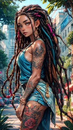 a painting of a woman with dreadlocks and tattoos on her body standing in the street