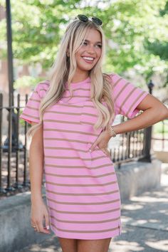 Never A Dull Moment Pink and Brown Striped T-Shirt Dress Never A Dull Moment, Light Blue Prom Dress, Striped T Shirt Dress, Pink And Brown, Striped T Shirt, Flowing Maxi Dress, Glamorous Evening Gowns, Active Wear Tops, Prom Dresses Long