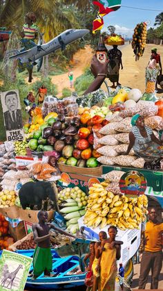 a collage of people standing around various fruits and vegetables