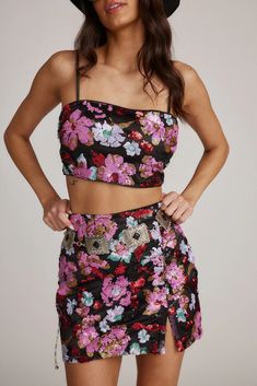 Dynamo Floral Sequin Crop Top – 12th Tribe Sparkly Flowers, 12th Tribe, Sequin Mini Skirt, Sequin Crop Top, Sequin Mini Skirts, Floral Mini Skirt, Sheer Material, Floral Crop Tops, Sequin Mini