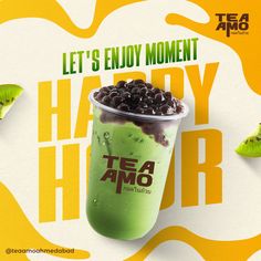 a green smoothie with chocolate chips on top and let's enjoy moment happy hour