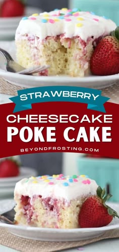 Strawberry Cheesecake Poke Cake, spring treats, easter desserts Strawberry Cheesecake Poke Cake, Cheesecake Poke Cake, Cream Cheese Whipped Cream, Strawberry Poke Cakes, Whipped Cream Cheese Frosting, Strawberry Dessert Recipes, Poke Cakes