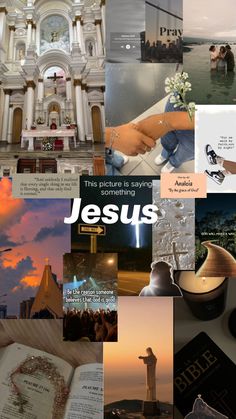 a collage of photos with the words jesus written in different languages and pictures on them