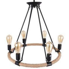 a chandelier with six lights hanging from it's center and rope wrapped around the ends