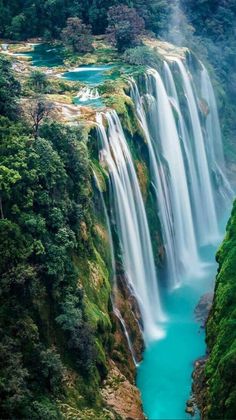 the waterfall is surrounded by lush green trees and blue water in the middle of it