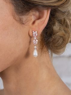 CZ and Teardrop Bridal Dangle Earrings in Rose Gold Classy Bridal Earrings, Bridal Dangle Earrings, Pearl Bridal Earrings, Rose Gold Lights, Earrings With Pearls, Dazzling Earrings, Crystal Chandelier Earrings, Bling Wedding, Bridal Earrings Pearl