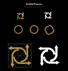 the logo for grid and process is shown in three different colors, including black, gold, and white