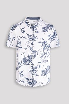 Crafted with a delicate blue floral pattern, this short-sleeve button-up shirt exudes a cool and stylish look. Perfect for any occasion, this shirt will elevate any outfit with its modern and trendy design. The lightweight fabric ensures comfort while the timeless style makes it a versatile addition to any wardrobe. 95% Cotton 5% Spandex Machine wash cold, Tumble dry low, Wash with like colors, Do not bleach. Imported B4WS712 Size Chart Size S M L XL XXL Chest (inches) 36.5 - 38.5 38.5 - 40.5 40 White Button-up Hawaiian Shirt For Spring, Patterned Cotton Hawaiian Shirt For Spring, Collared Cotton Hawaiian Shirt With Floral Print, Cotton Collared Hawaiian Shirt With Floral Print, Blue Cotton Short Sleeve Shirt With Floral Print, Casual Cotton Hawaiian Shirt For Spring, Casual Cotton Shirt With Floral Print, Fitted Button-up Hawaiian Shirt For Summer, Printed Button-up Hawaiian Shirt For Spring