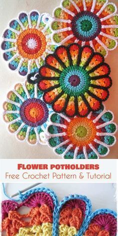 the crochet flower potholder is shown in three different colors and has been made with