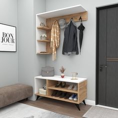 a coat rack with shoes and coats hanging on it next to a bench in front of a door