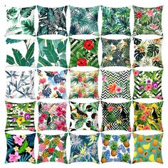 many different types of tropical leaves and flowers on white background, all printed in bright colors