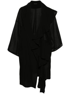 black cotton textured finish semi-sheer construction spread collar long sleeves draped detailing asymmetric hem open front Lapel Coat, Fitted Coat, Textured Jacket, Long Sleeve Outerwear, Cotton Texture, Trench Coat Black, Coat Black, Yohji Yamamoto, Outerwear Coats