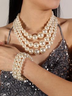 3pcs/set Elegant Imitation Pearl Multilayer Necklace Party Jewelry Set Party Pearl Chain Jewelry Set, Party Beaded Pearl Jewelry Sets, Party Pearl Beaded Jewelry Sets, Pearl Beaded Jewelry Sets For Parties, Multilayer Necklace, Shiny Rings, Beaded Necklace Designs, Floral Clutches, Fashion Drawing Dresses