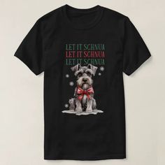 a black t - shirt with an image of a schnauzer wearing a bow tie