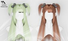 two wigs with long hair are shown in three different colors and styles, one is light green and the other is dark brown