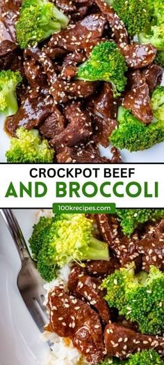 broccoli and beef stir fry on a white plate with text overlay that reads crockpot beef and broccoli